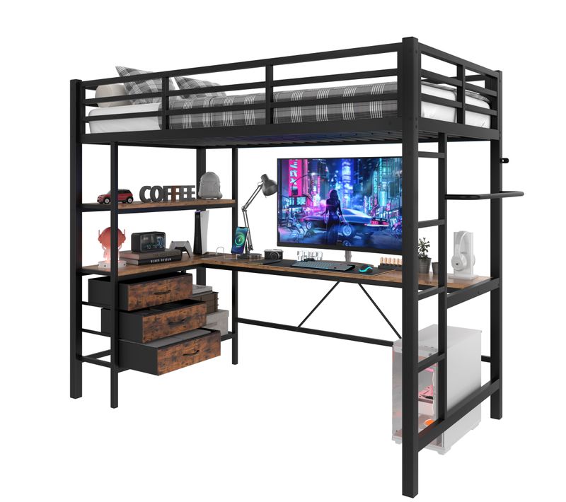Lit Mezzanine 90 X 200cm Avec LED, USB, Bureau, Étagères Et 3 Tiroirs Noir