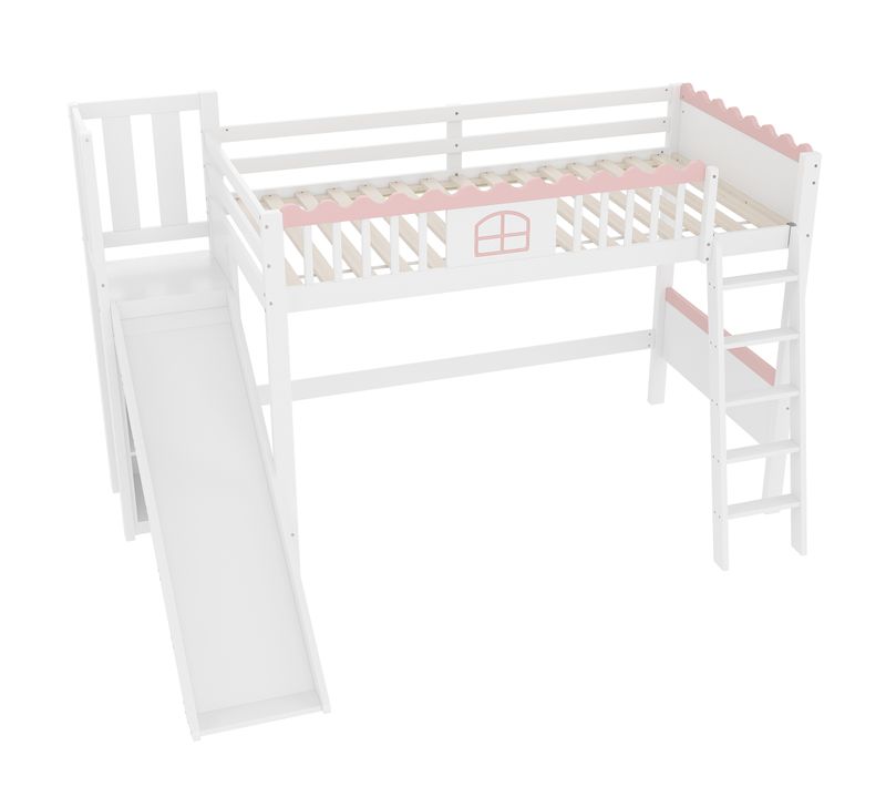 Lit Mezzanine 90 X 200cm Avec Toboggan Et Étagère De Rangement Multicouche Blanc
