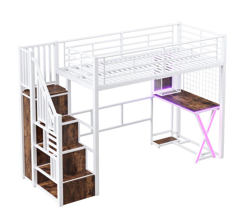 Lit Mezzanine 90 X 200cm Avec LED, Bureau, Escalier De Rangement Et Penderie Blanc