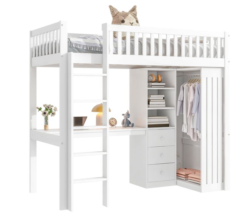 Lit Mezzanine 90 X 200cm Avec Bureau, 3 Tiroirs, 3 Étagères Et Penderie Blanc