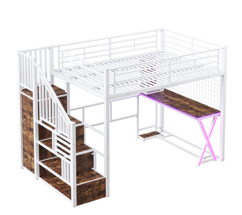 Lit Mezzanine 140 X 200cm Avec LED, Bureau, Escalier De Rangement Et Penderie Blanc