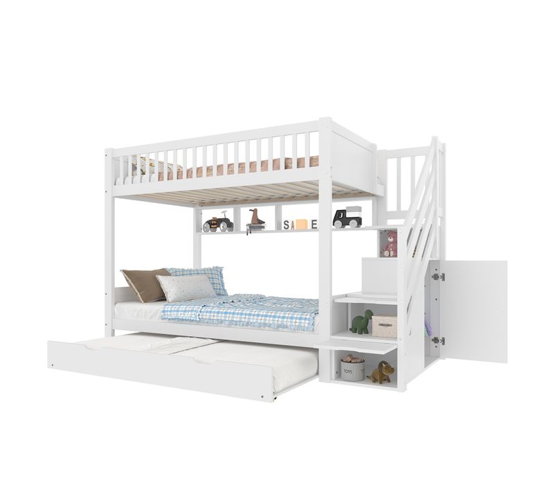 Lit Superposé 2 X 90 X 200cm Avec Avec Escalier De Rangement, Étagères Et Lit Gigogne Blanc