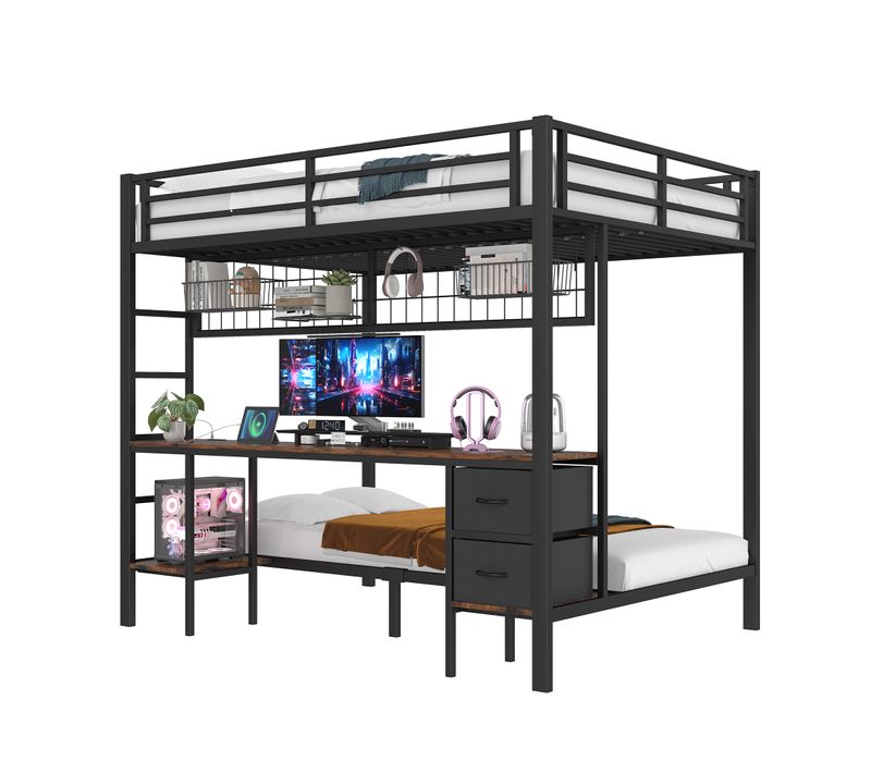 Lit Superposé 140 X 200cm + 90 X 200cm Avec Bureau Et 2 Tiroirs En Tissu Noir