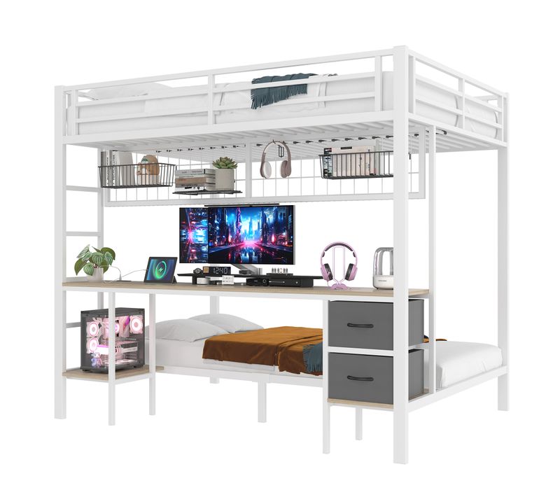 Lit Superposé 140 X 200cm + 90 X 200cm Avec Bureau Et 2 Tiroirs En Tissu Blanc