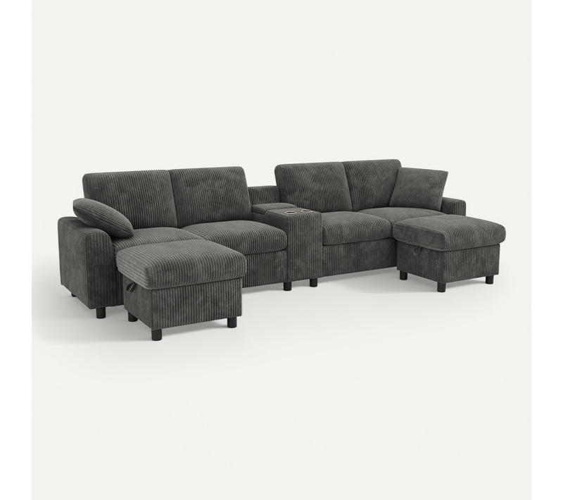 Canapé Angle Fixe 4 Places Avec Port USB Et 2 Poufs De Rangement Velours Côtelé Gris