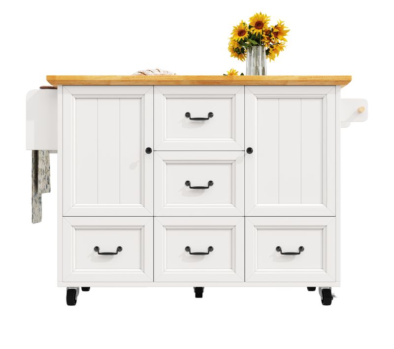 Desserte Ilot Central De Cuisine Mobile Avec 2 Portes Et 5 Tiroirs Blanc