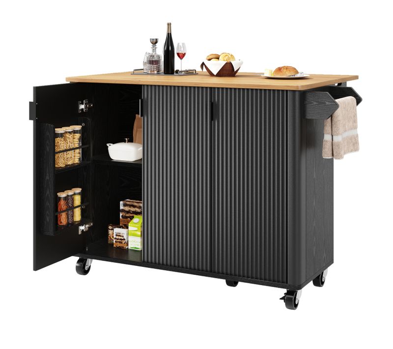 Desserte Ilot Central De Cuisine Mobile Avec 3 Portes Noir