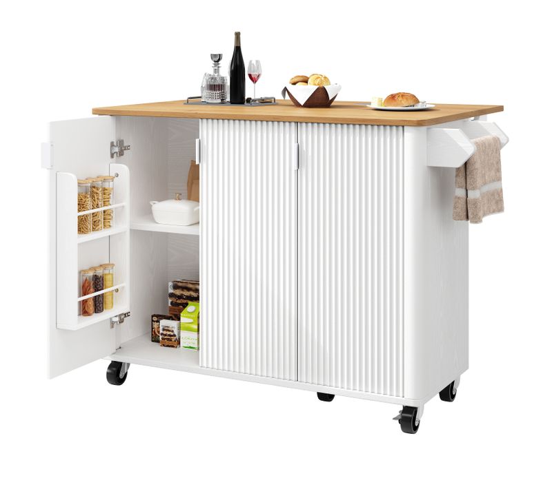 Desserte Ilot Central De Cuisine Mobile Avec 3 Portes Blanc