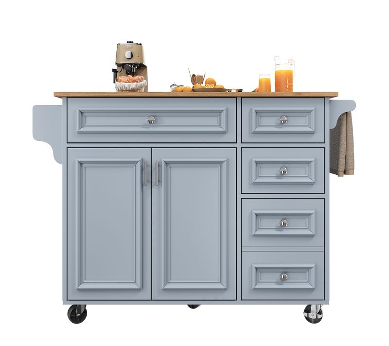 Desserte Ilot Central De Cuisine Mobile Avec 2 Portes Et 5 Tiroirs Bleu