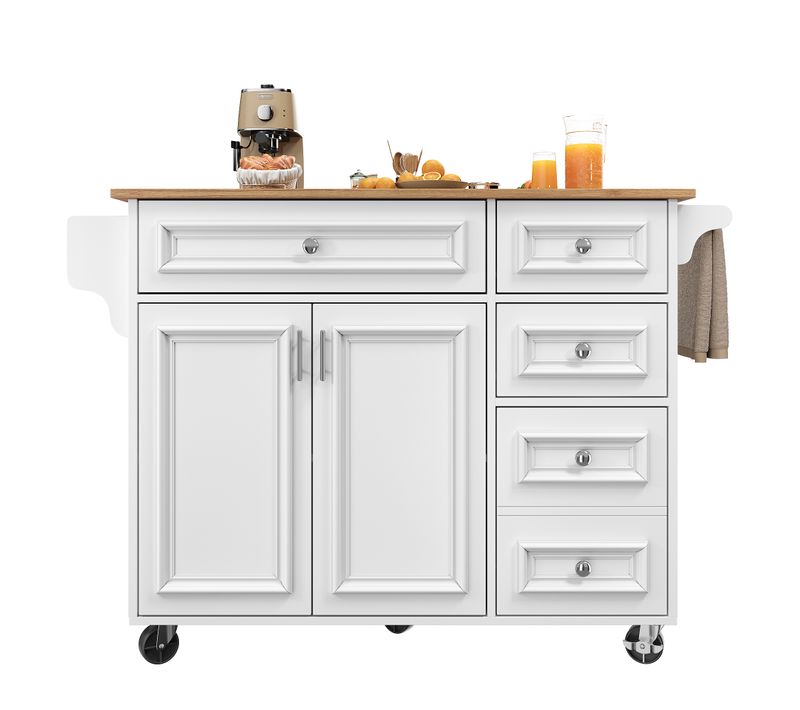Desserte Ilot Central De Cuisine Mobile Avec 2 Portes Et 5 Tiroirs Blanc