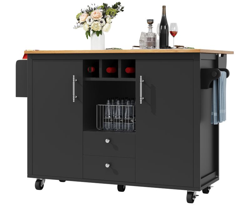 Desserte Ilot Central De Cuisine Mobile Avec 2 Portes Et 2 Tiroirs Noir