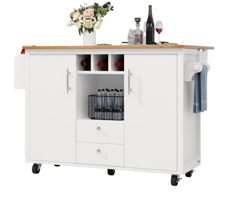 Desserte Ilot Central De Cuisine Mobile Avec 2 Portes Et 2 Tiroirs Blanc