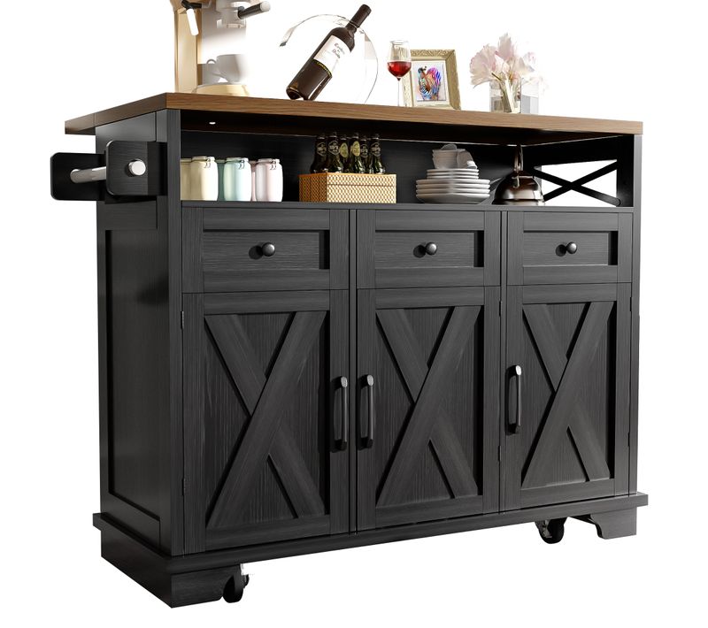 Desserte Ilot Central De Cuisine Mobile Avec 3 Portes Et 3 Tiroirs Noir