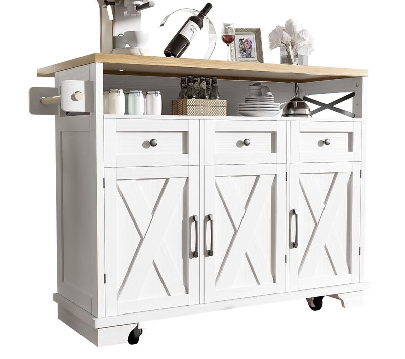 Desserte Ilot Central De Cuisine Mobile Avec 3 Portes Et 3 Tiroirs Blanc