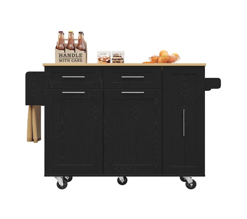 Desserte Ilot Central De Cuisine Mobile Avec 2 Portes Et 2 Tiroirs Noir