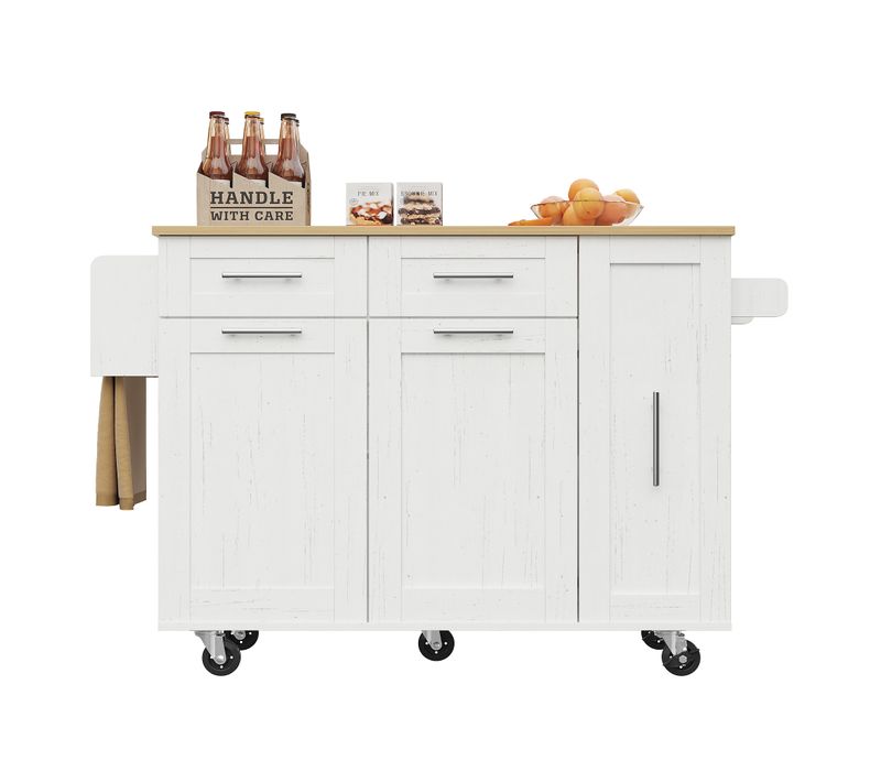 Desserte Ilot Central De Cuisine Mobile Avec 2 Tiroirs Et 2 Portes Blanc
