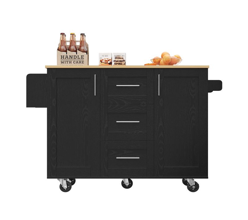 Desserte Ilot Central De Cuisine Mobile Avec 2 Portes Et 3 Tiroirs Noir