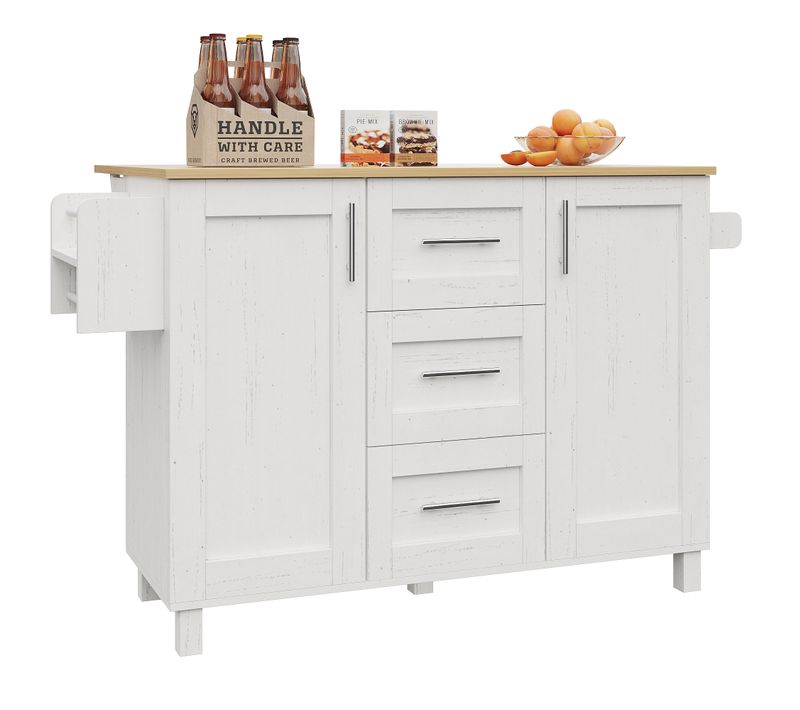 Desserte Ilot Central De Cuisine Mobile Avec 2 Portes Et 3 Tiroirs Blanc