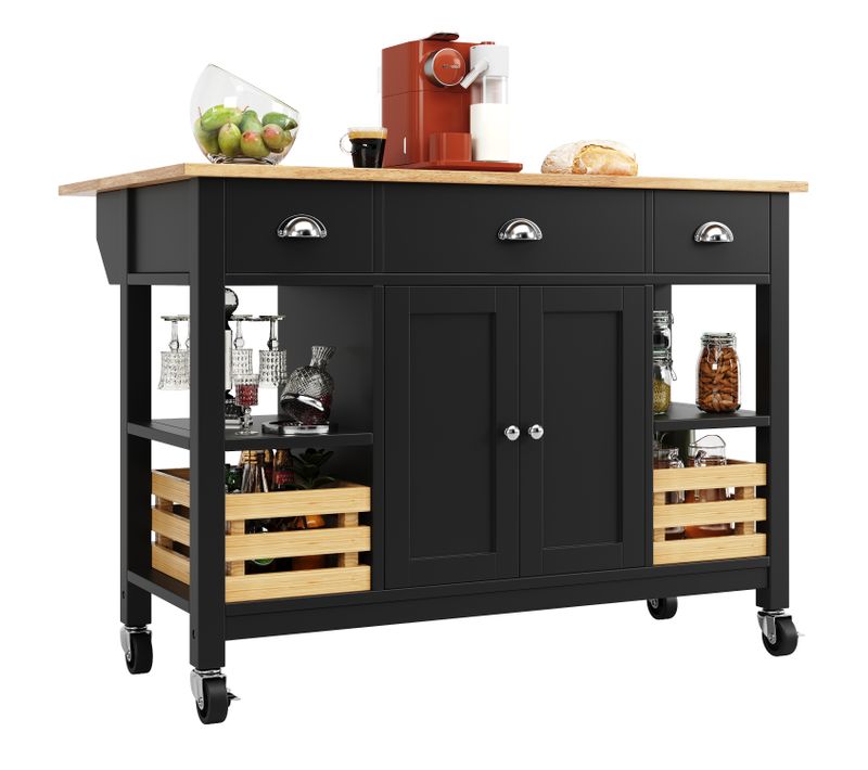 Desserte Ilot Central De Cuisine Mobile Avec 2 Portes, 3 Tiroirs Et 2 Paniers De Rangement Noir