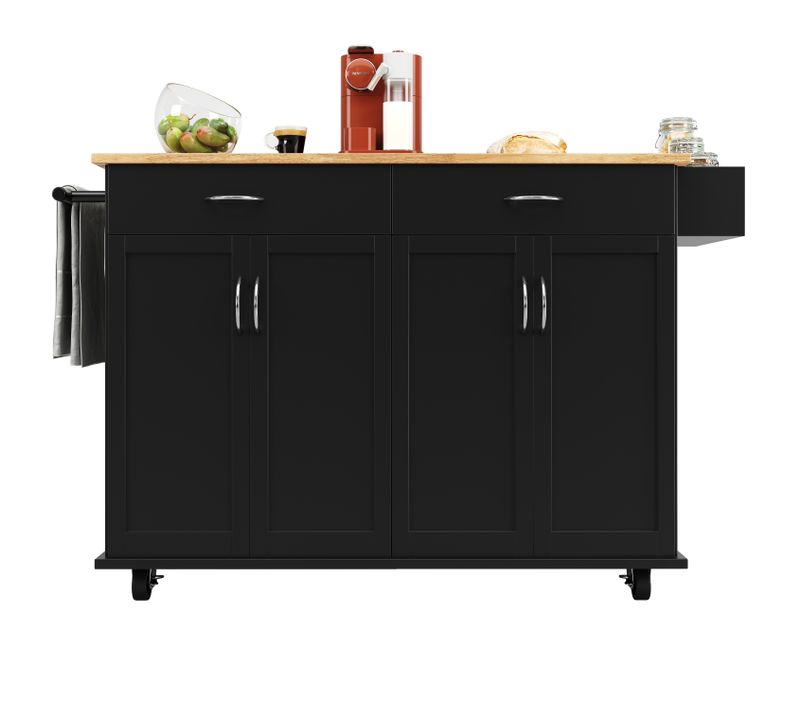 Desserte Ilot Central De Cuisine Mobile Avec 4 Portes Et 2 Tiroirs Noir