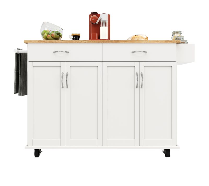 Desserte Ilot Central De Cuisine Mobile Avec 4 Portes Et 2 Tiroirs Blanc