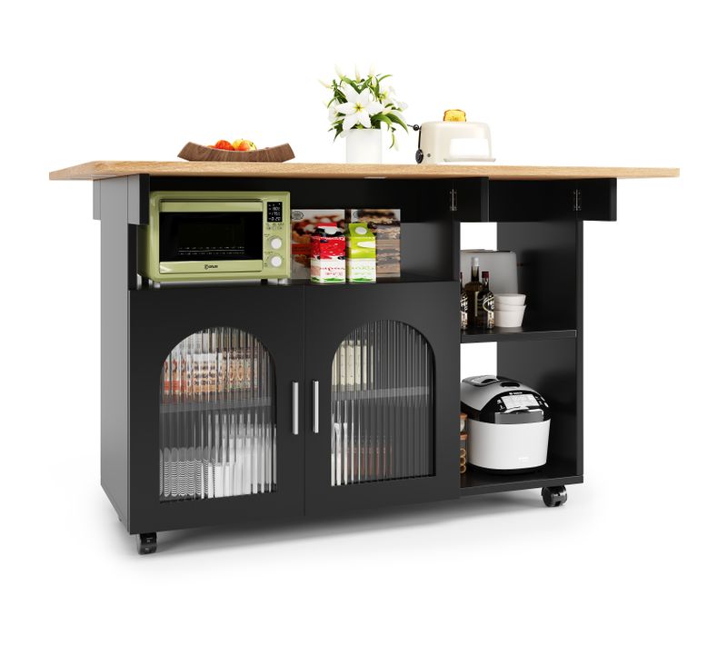 Desserte Ilot Central De Cuisine Mobile Avec 2 Portes Et 3 Niches Noir