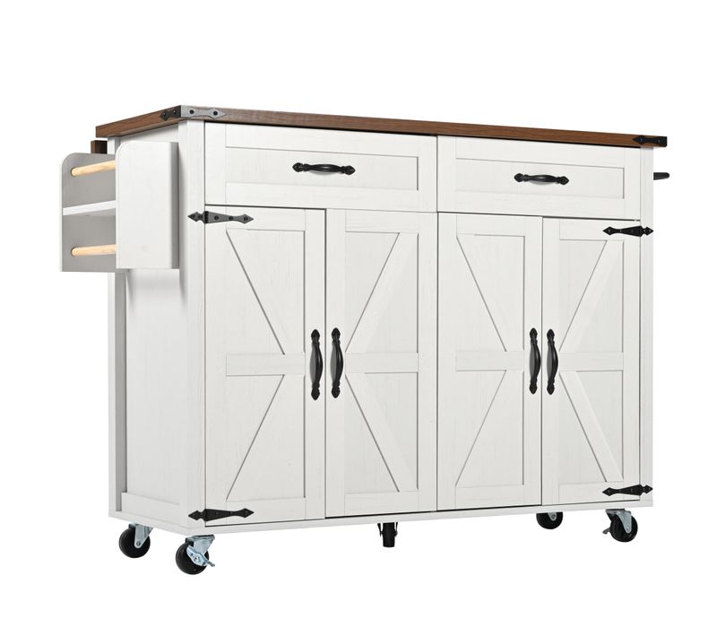 Desserte Ilot Central De Cuisine Mobile Avec 4 Portes Et 2 Tiroirs Blanc