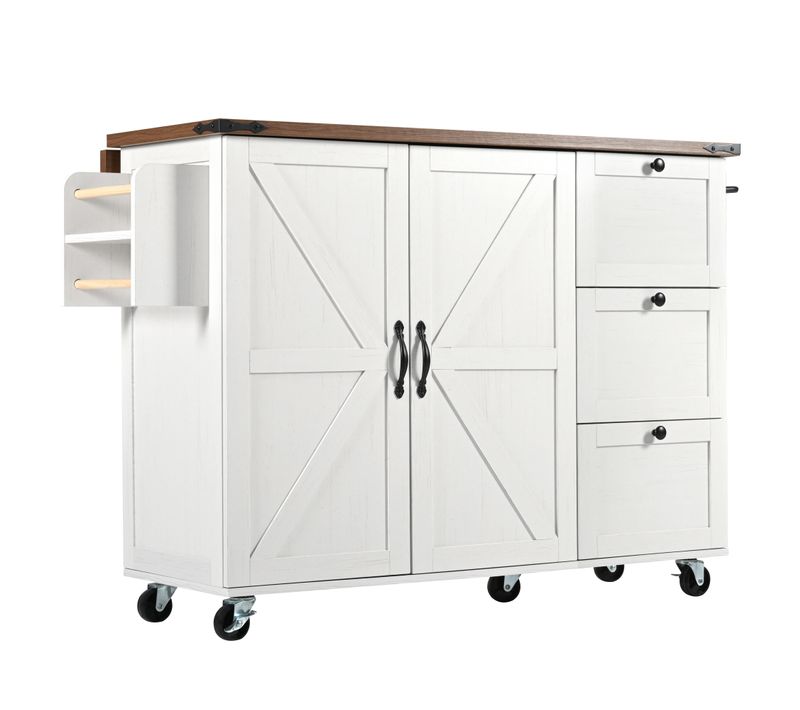 Desserte Ilot Central De Cuisine Mobile Avec 2 Portes Et 3 Tiroirs Blanc - Ilot Central
