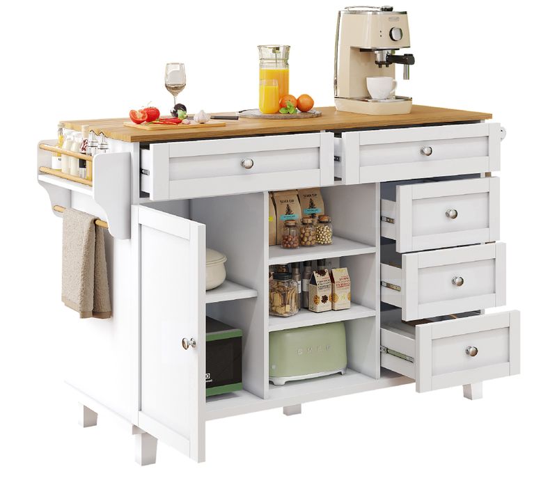 Desserte Ilot Central De Cuisine Mobile Avec 1 Porte, 5 Tiroirs Et 3 Niches Blanc