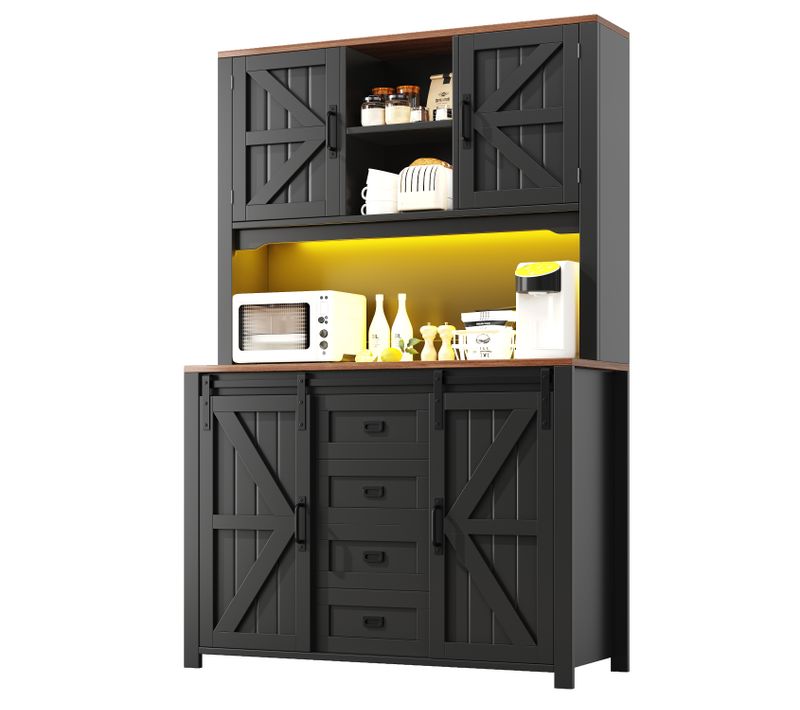 Buffet De Cuisine Avec LED, 2 Portes, 2 Portes Coulissantes, 2 Tiroirs Et 3 Niches Noir