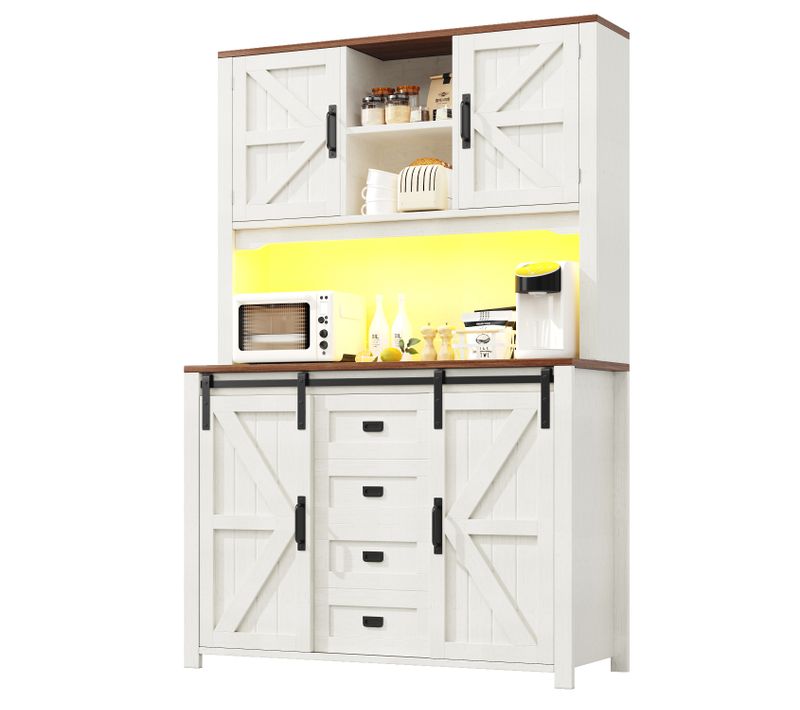 Buffet De Cuisine Avec LED, 2 Portes, 2 Portes Coulissantes, 2 Tiroirs Et 3 Niches Blanc