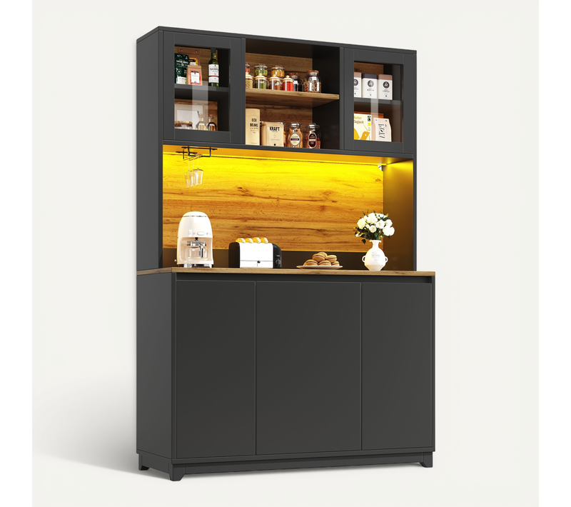 Buffet De Cuisine Avec LED, 4 Portes Et Un Compartiment Pour Poubelle Noir