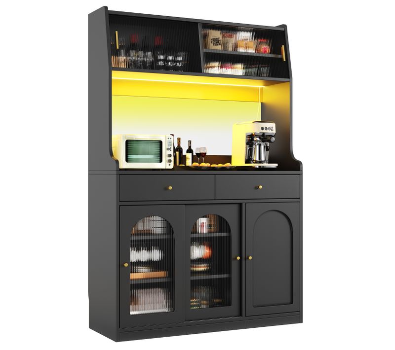Buffet De Cuisine Avec LED, 1 Porte, 4 Portes Coulissantes Et 2 Tiroirs Noir