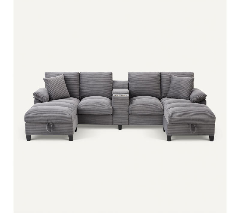 Canapé Angle Fixe Avec 2 Repose-pieds De Rangement Amovibles, Port USB Et Porte-gobelet Gris