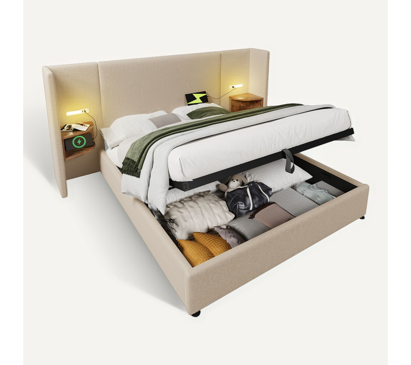 Lit Coffre 160x200cm Avec Table De Chevet, Une Lampe De Lecture Et USB Lin Beige