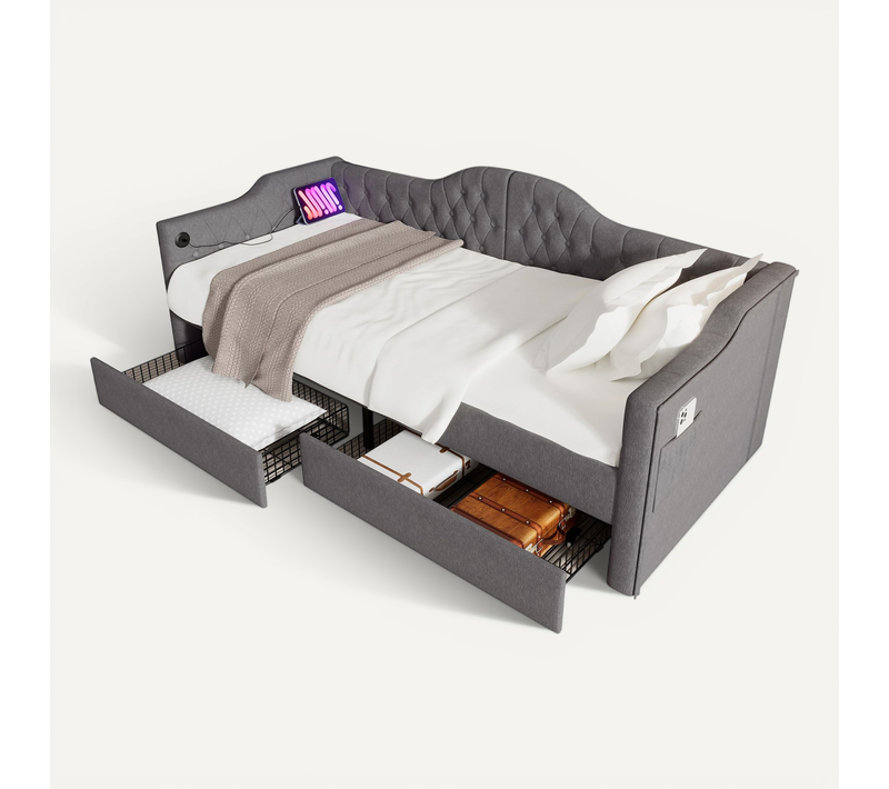 Lit 90x200cm Avec USB Et 2 Tiroirs Lin Gris