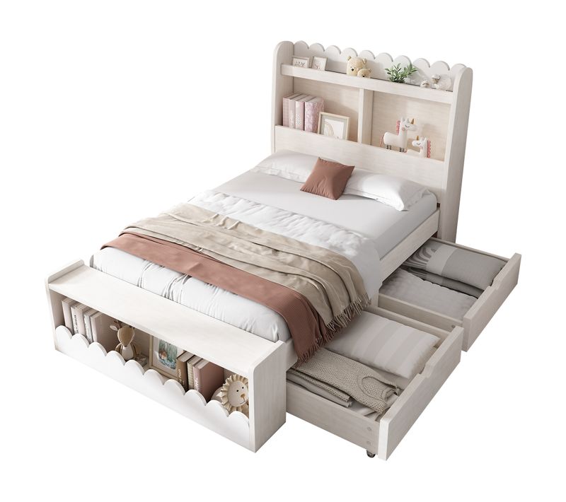 Lit Enfant 90x200 Cm Avec 2 Tiroirs, Étagères Et Tabourets De Rangement