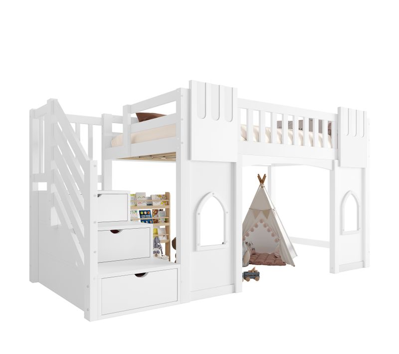Lit Mezzanine 90x200cm Avec 3 Escaliers De Rangement Blanc