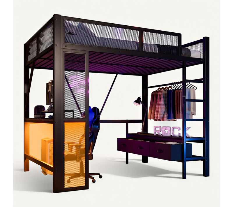 Lit Mezzanine 140 X 200 Cmavec éclairage LED, Ports USB, Bureau, 3 Tiroirs Et Espace Penderie Noir