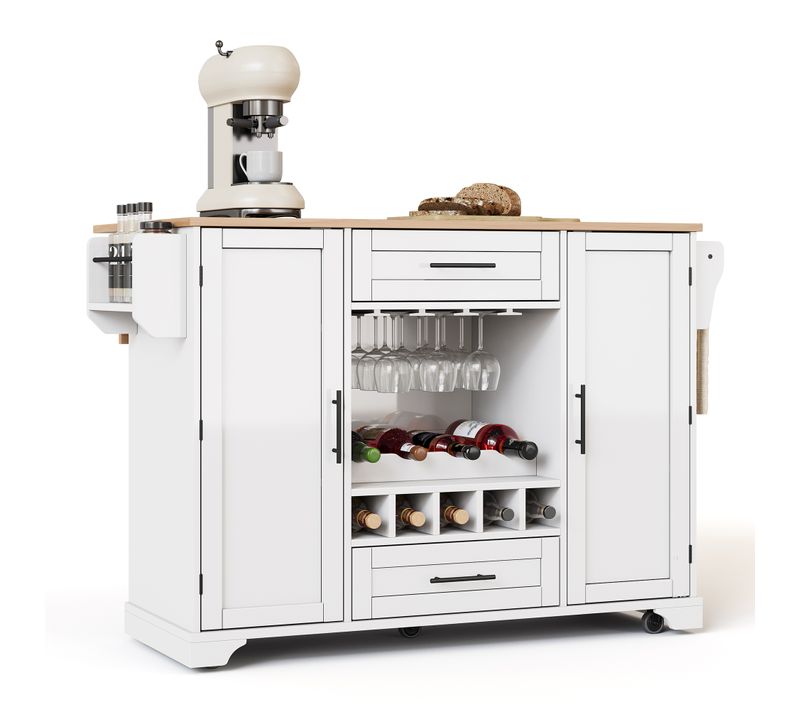 Ilot Central Cuisine Comptoir Avec 2 Portes, 2 Tiroirs Et Cave à Vin Blanc