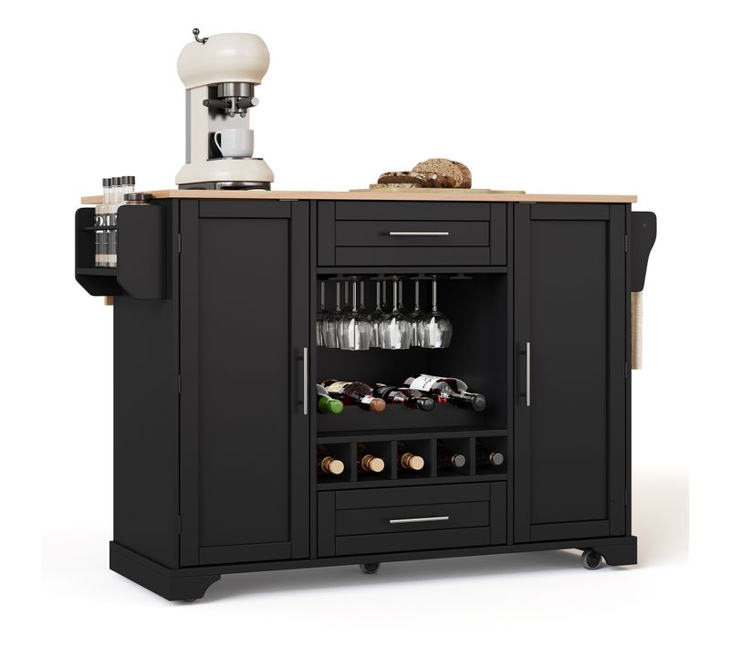 Ilot Central Cuisine Comptoir Avec 2 Portes, 2 Tiroirs Et Cave à Vin Noir