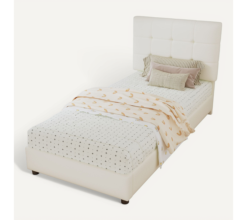 Lit Enfant 90x200 Cm Avec Tête De Lit Et Sommier à Lattes Pu Beige