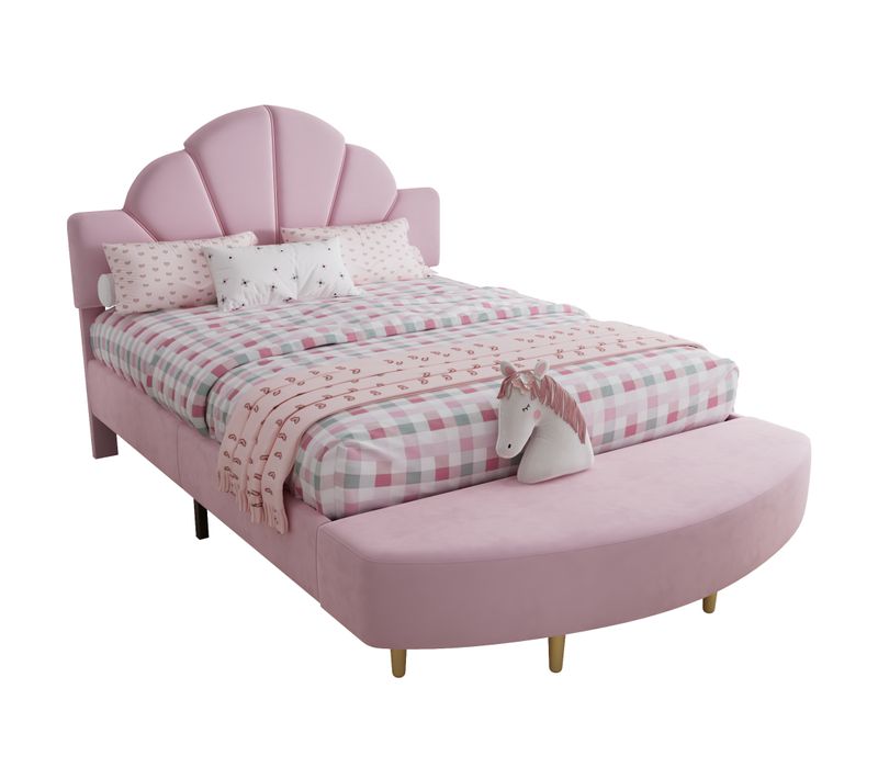 Lit Enfant 140x200 Cm Avec Banc Intégré Velours Rose