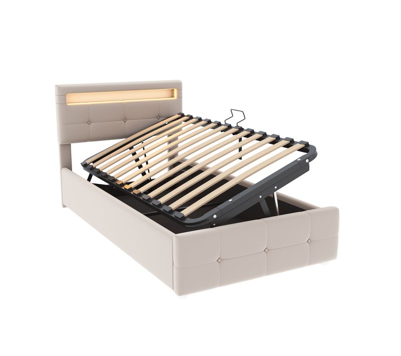Lit Enfant Lit Coffre 90 X 200 Cm Avec Tête De Lit LED Velours Beige