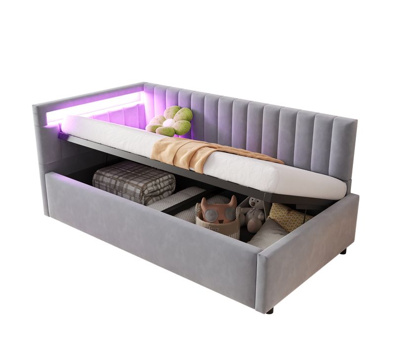 Lit Enfant Lit Coffre 90 X 200 Cm Avec LED Et Sommier Velours Gris