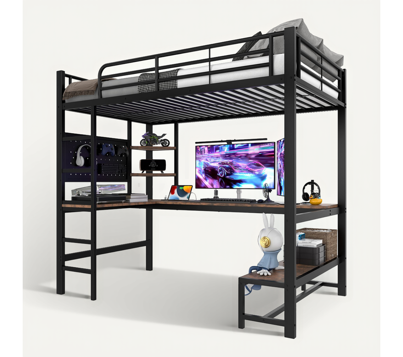 Lit Mezzanine 90 X 200 Cm Avec LED, USB, Bureau Et étagères à Plusieurs Niveaux Noir