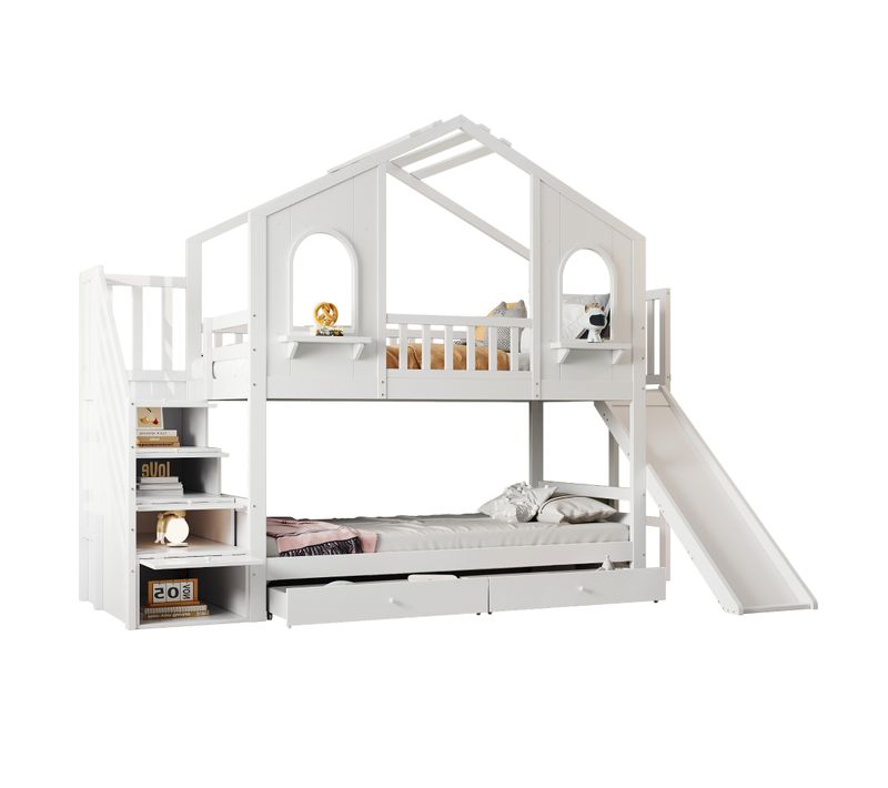 Lit Superposé Cabane 2x90x200cm Avec 2 Tiroirs, 4 Escaliers De Rangement Et Toboggans Blanc