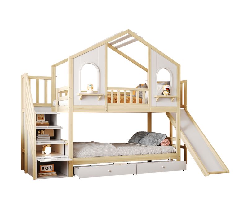 Lit Superposé Cabane 2x90x200cm Avec 2 Tiroirs, 4 Escaliers De Rangement Et Toboggans Blanc