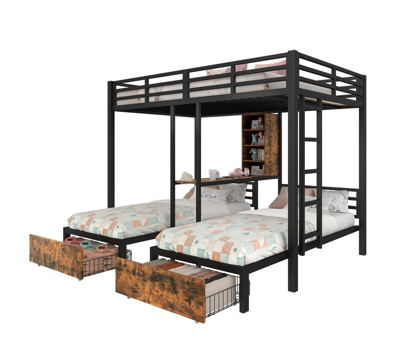 Lit Superposé 140x200cm + 2x90x200cm Avec 2 Tiroirs Et 4 Niches Style Industriel