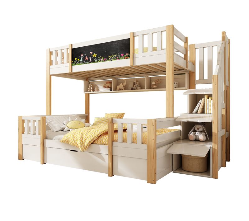 Lit Superposé 140x200cm + 90x200cm Avec 1 Tiroir Et 3 Escaliers De Rangement Blanc + Imitation Chêne